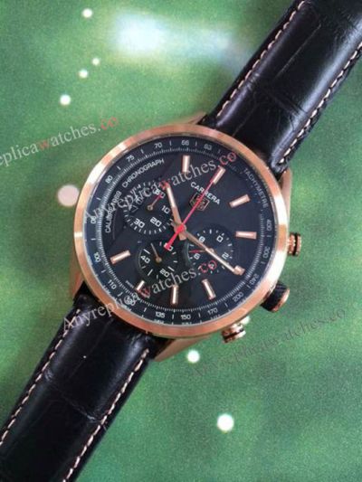 Tag Heuer Carrera Replica Watch Black Face w/ Leather Strap Rose gold case